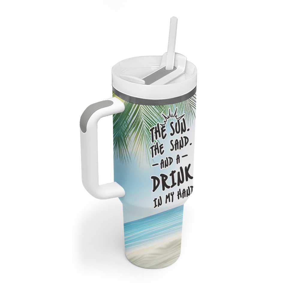 Personalized Beach Lover Tumbler With Handle Custom Name The Sun The Sand And A Drink In My Hand - Wonder Print Shop