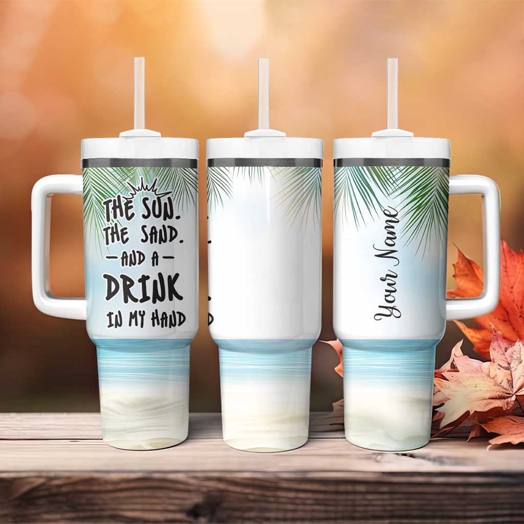 Personalized Beach Lover Tumbler With Handle Custom Name The Sun The Sand And A Drink In My Hand - Wonder Print Shop