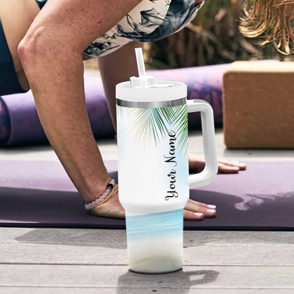Personalized Beach Lover Tumbler With Handle Custom Name The Sun The Sand And A Drink In My Hand - Wonder Print Shop
