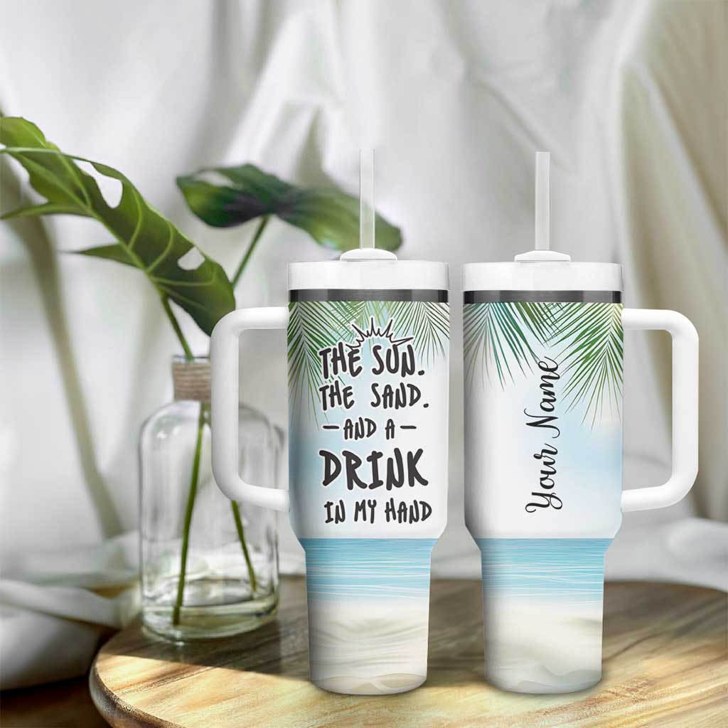 Personalized Beach Lover Tumbler With Handle Custom Name The Sun The Sand And A Drink In My Hand - Wonder Print Shop