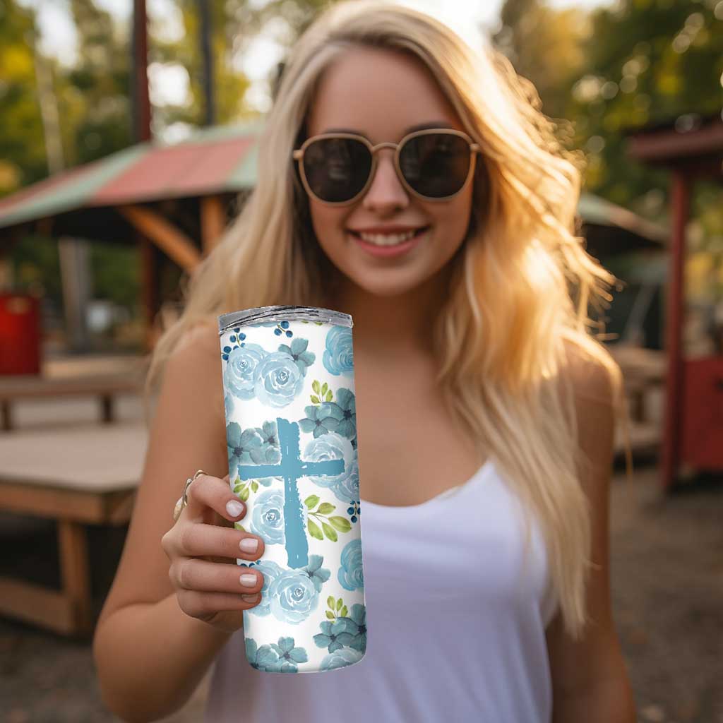 Christian Skinny Tumbler Thank God Faith Flower Christ Cross - Wonder Print Shop
