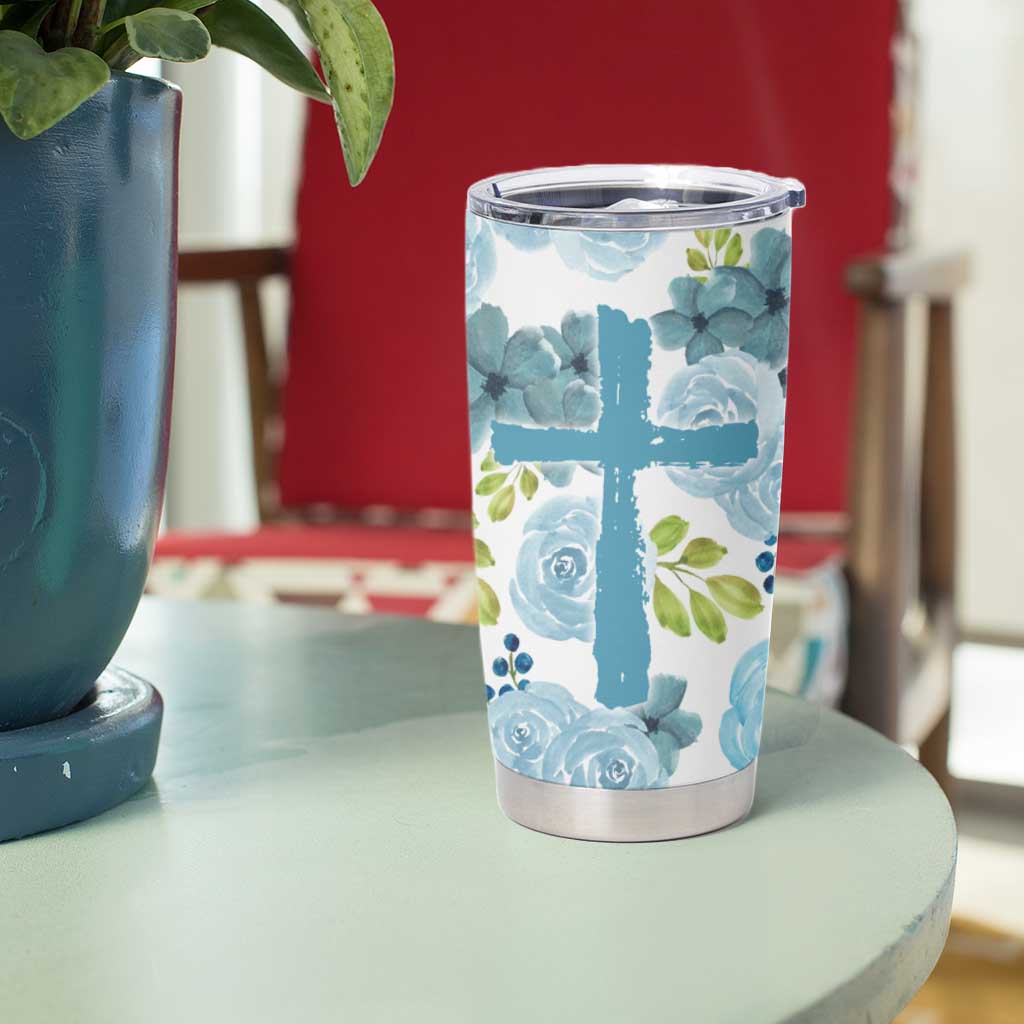 Christian Tumbler Cup Thank God Faith Flower Christ Cross - Wonder Print Shop