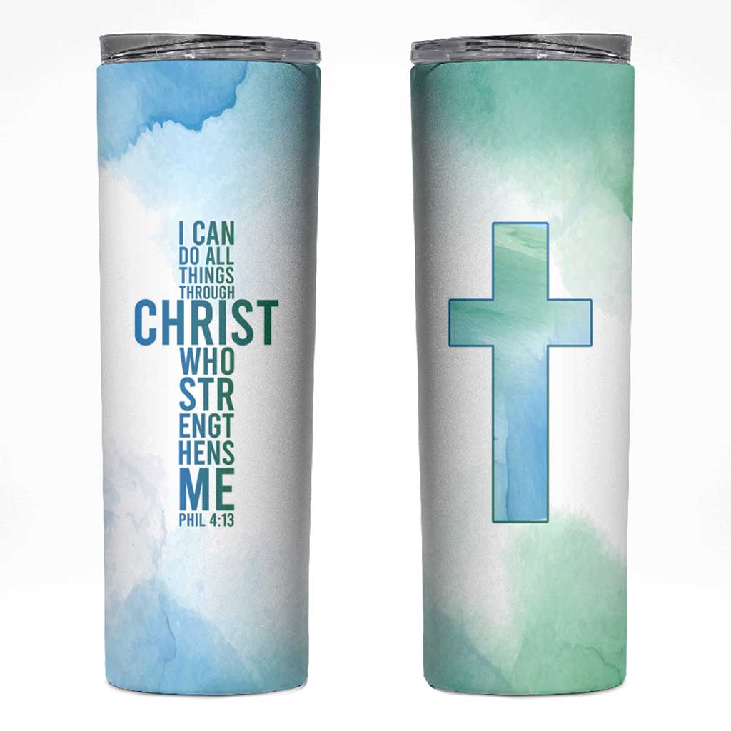 Christian Skinny Tumbler I Can Do All Things Through Christ Watercolor Christ Cross - Wonder Print Shop