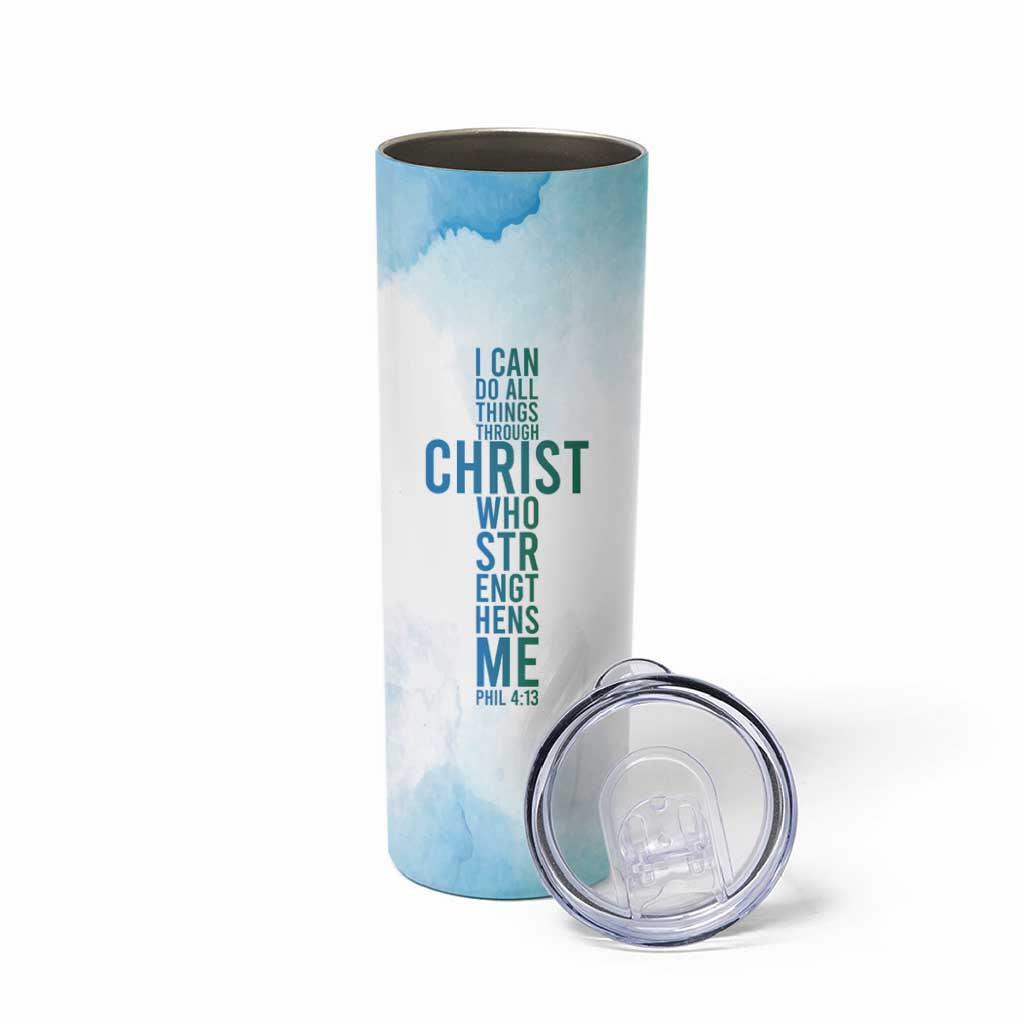 Christian Skinny Tumbler I Can Do All Things Through Christ Watercolor Christ Cross - Wonder Print Shop