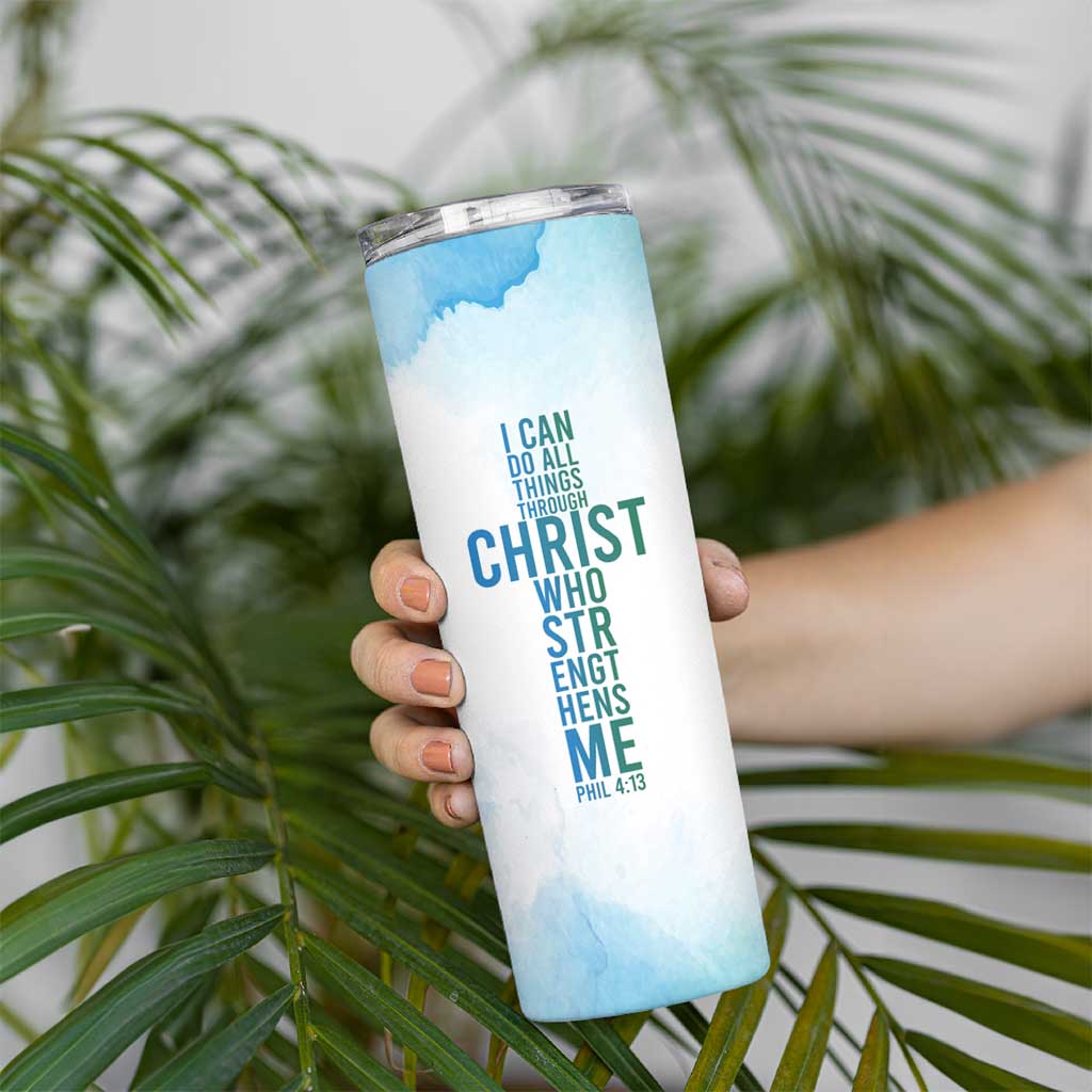 Christian Skinny Tumbler I Can Do All Things Through Christ Watercolor Christ Cross - Wonder Print Shop
