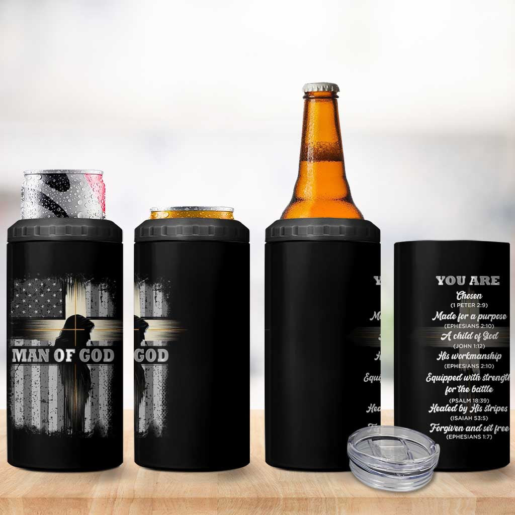 Christian Gifts For Men 4 in 1 Can Cooler Tumbler Man Of God Inspirational Bible Patriotic American Flag - Wonder Print Shop