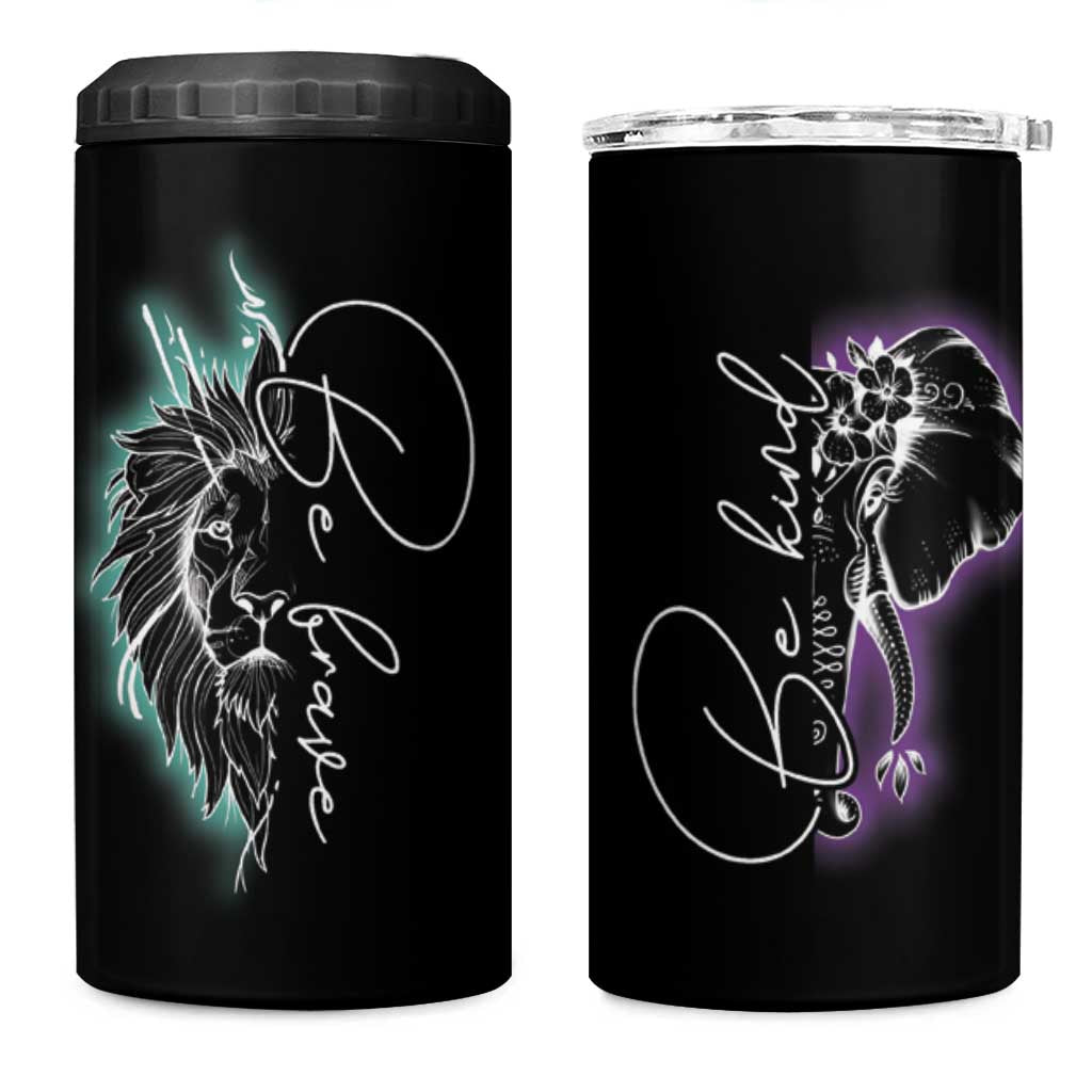 Suicide Prevention Awareness 4 in 1 Can Cooler Tumbler Teal Purple Lion Elephant Be Brave Be Kind - Wonder Print Shop