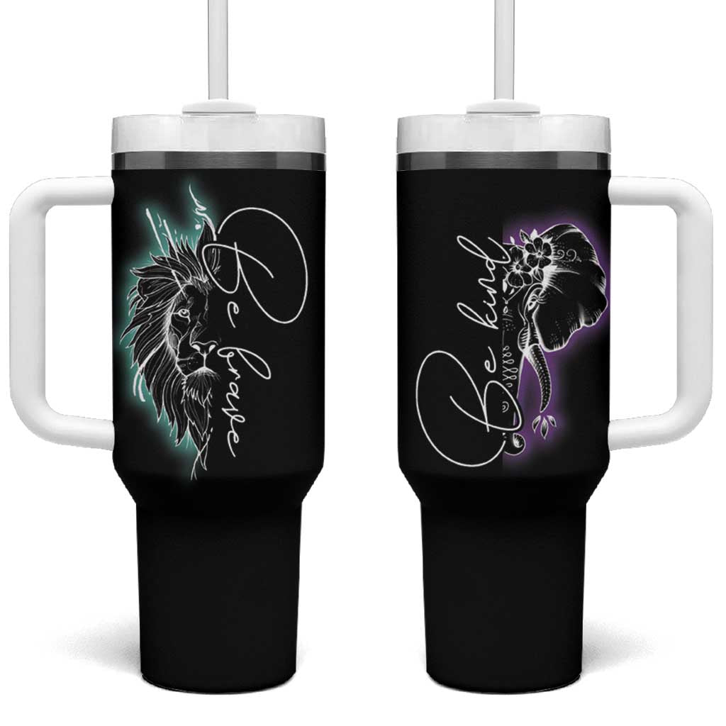 Suicide Prevention Awareness Tumbler With Handle Teal Purple Lion Elephant Be Brave Be Kind - Wonder Print Shop