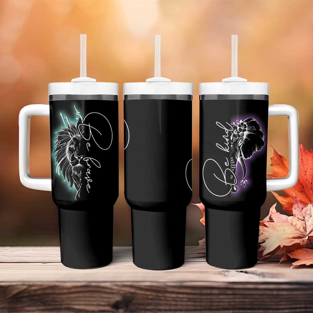 Suicide Prevention Awareness Tumbler With Handle Teal Purple Lion Elephant Be Brave Be Kind - Wonder Print Shop