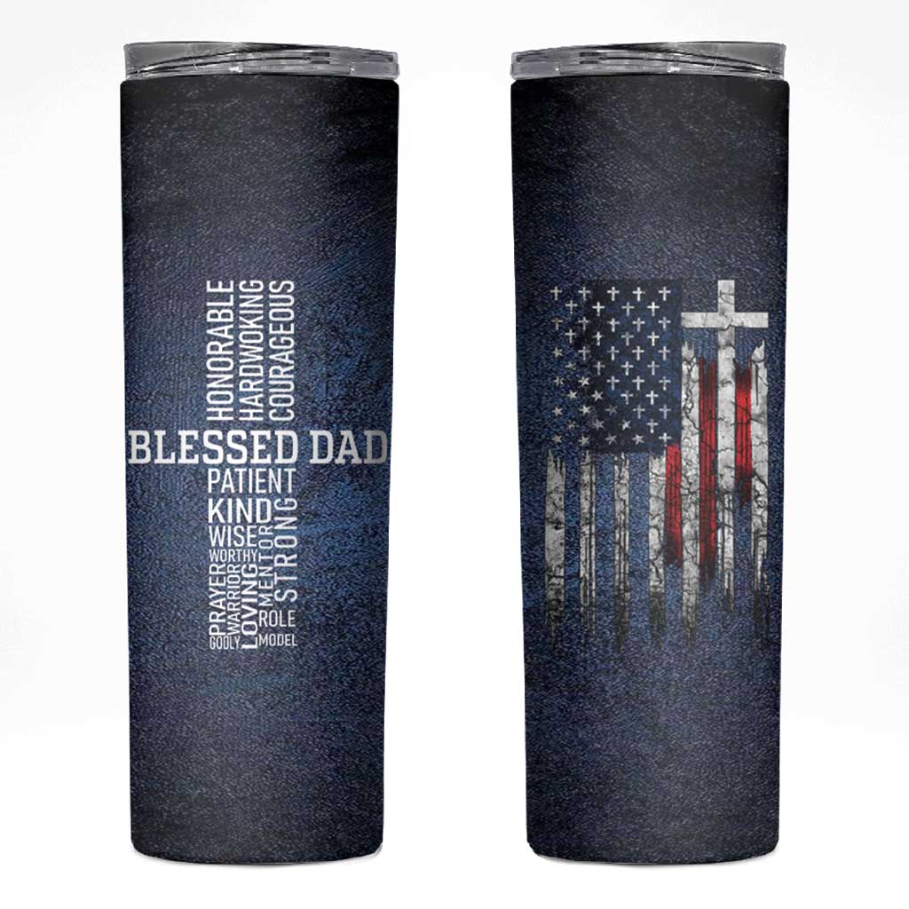 Blessed Dad Christian Skinny Tumbler Christ Cross Patriotic American Flag - Wonder Print Shop