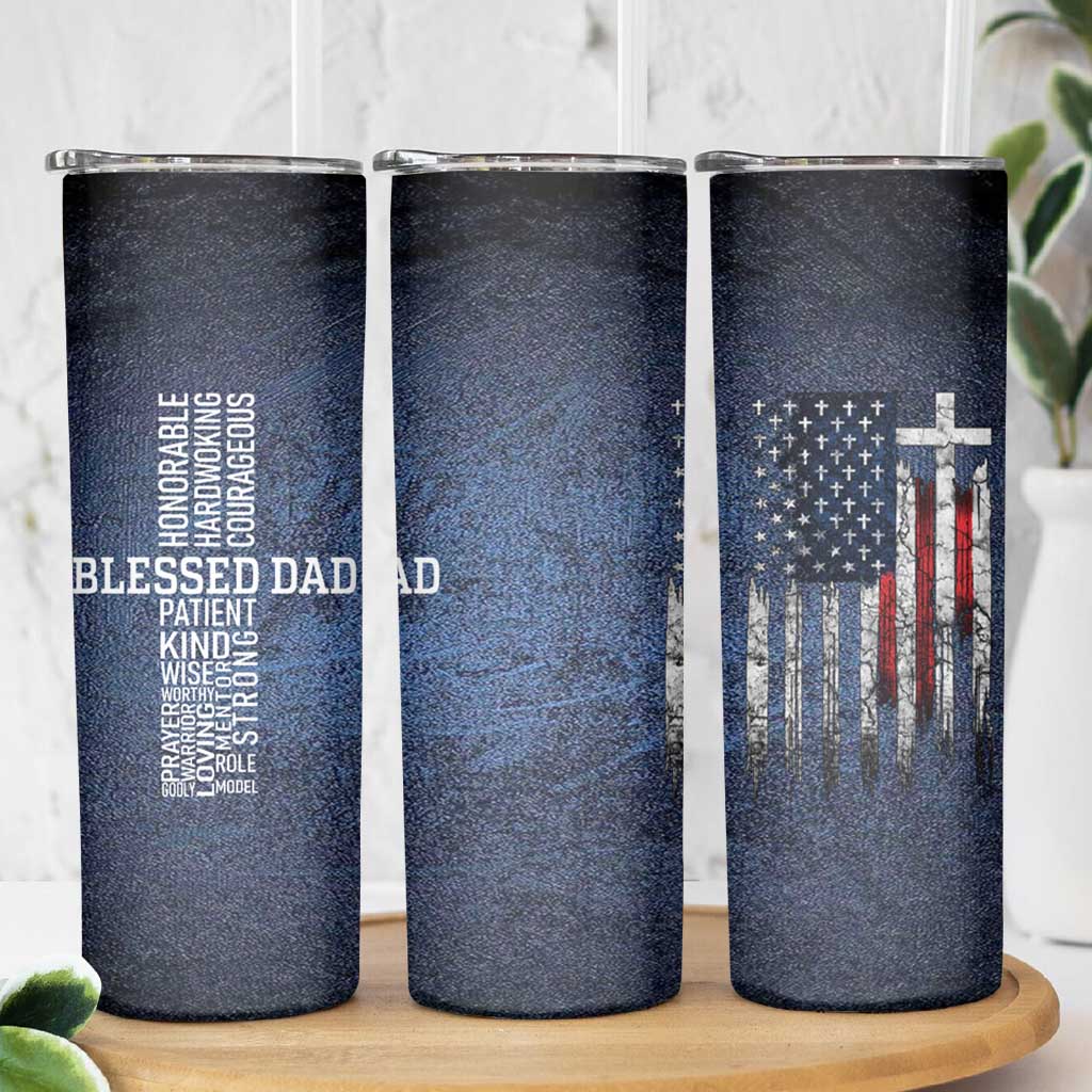 Blessed Dad Christian Skinny Tumbler Christ Cross Patriotic American Flag - Wonder Print Shop