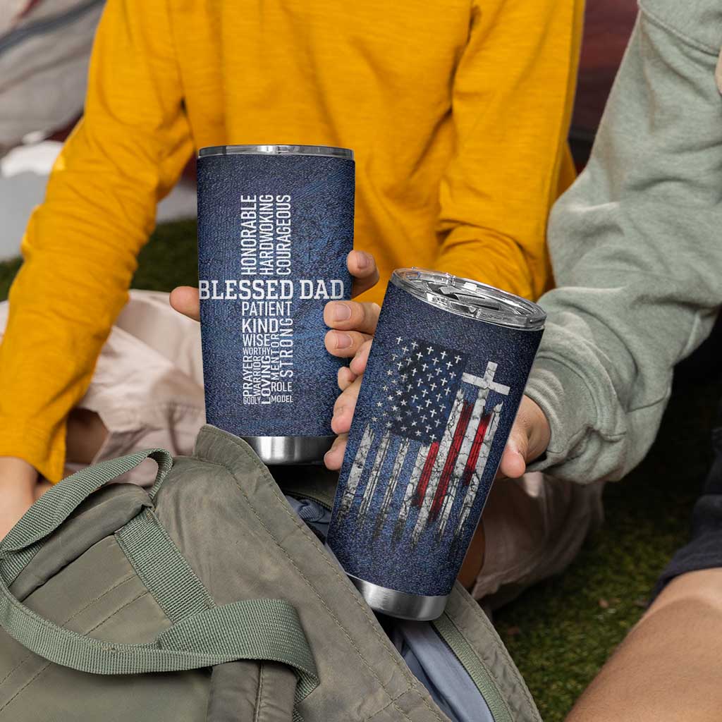 Blessed Dad Christian Tumbler Cup Christ Cross Patriotic American Flag - Wonder Print Shop