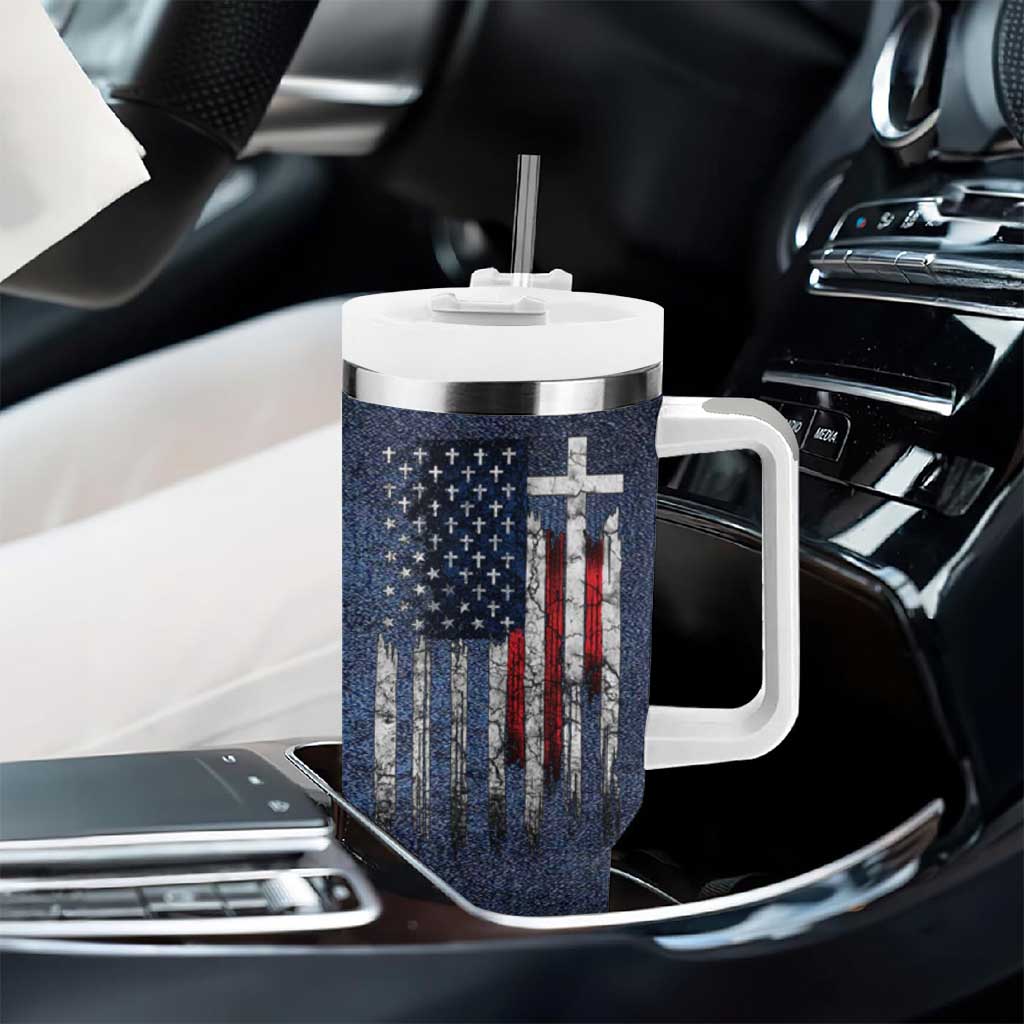 Blessed Dad Christian Tumbler With Handle Christ Cross Patriotic American Flag - Wonder Print Shop