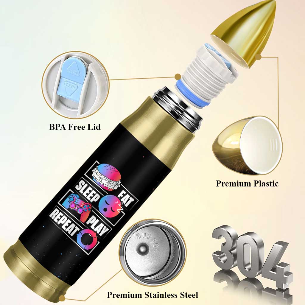 Personalized Gamer Bullet Tumbler Custom Name Eat Sleep Gaming Repeat