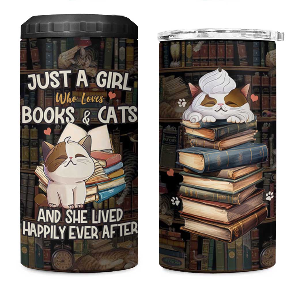 Cat Bookish 4 in 1 Can Cooler Tumbler Just A Girl Who Loves Cats And Books Library Cat