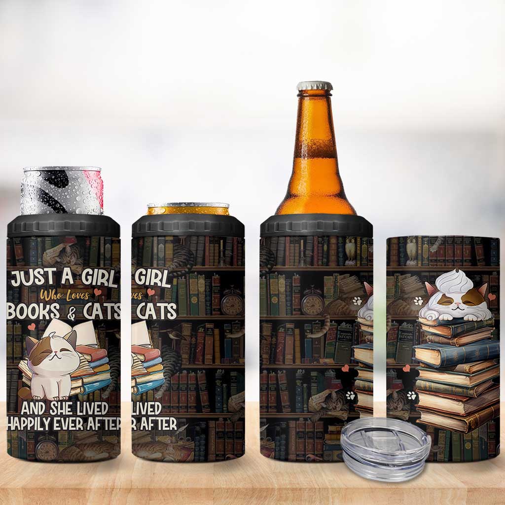Cat Bookish 4 in 1 Can Cooler Tumbler Just A Girl Who Loves Cats And Books Library Cat