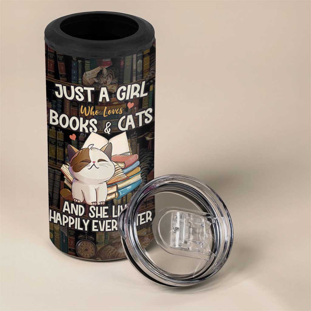 Cat Bookish 4 in 1 Can Cooler Tumbler Just A Girl Who Loves Cats And Books Library Cat