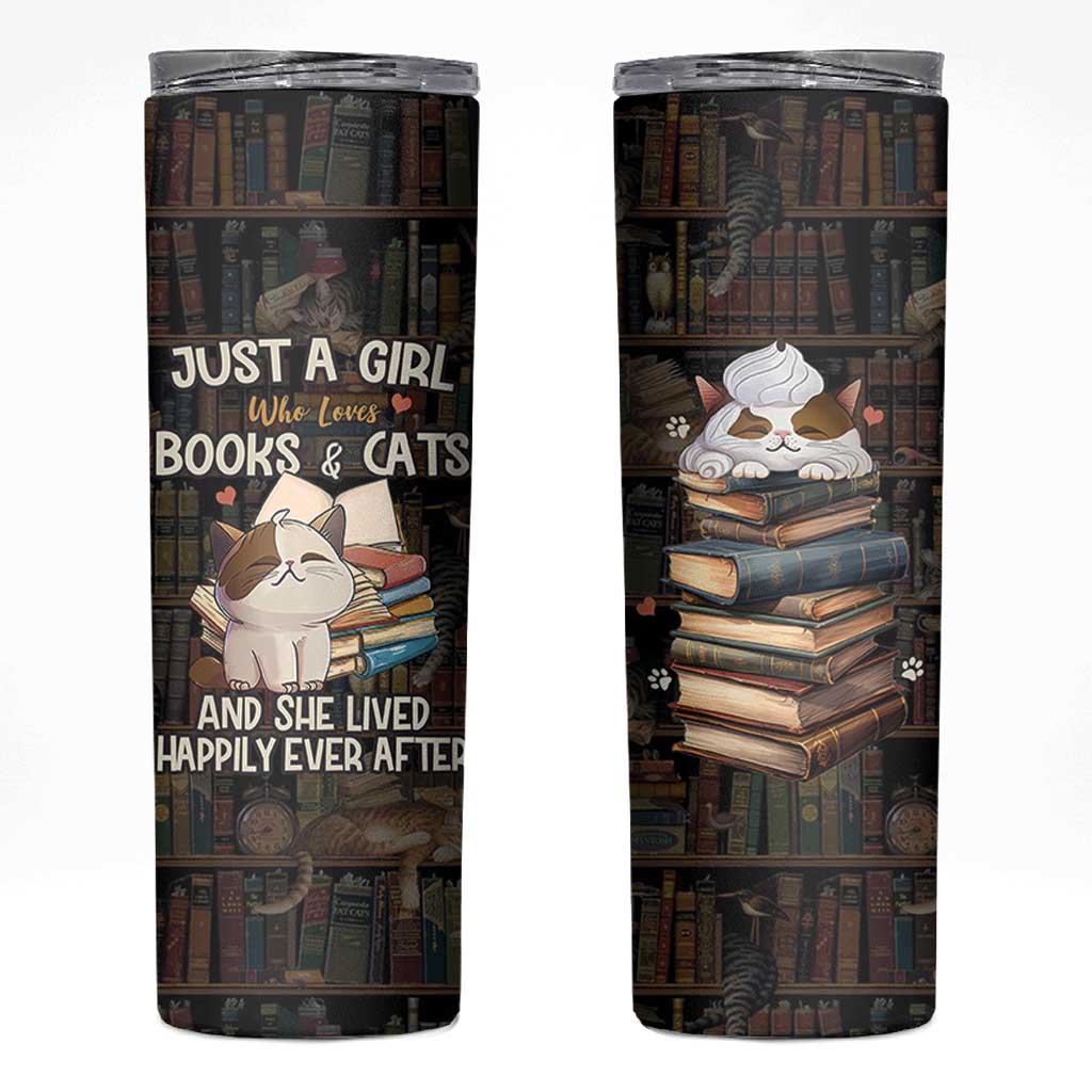 Cat Bookish Skinny Tumbler Just A Girl Who Loves Cats And Books Library Cat