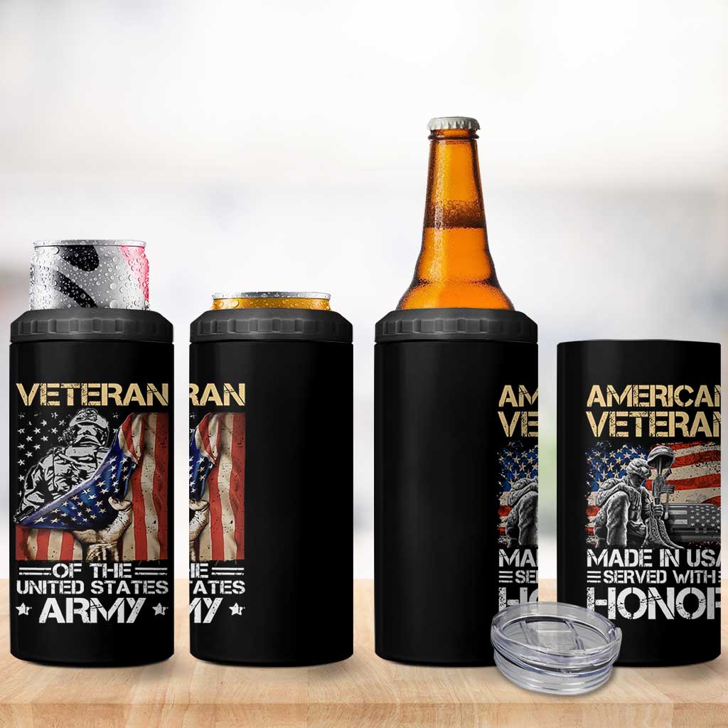 Veteran Of The United States Army 4 in 1 Can Cooler Tumbler Vintage American Flag