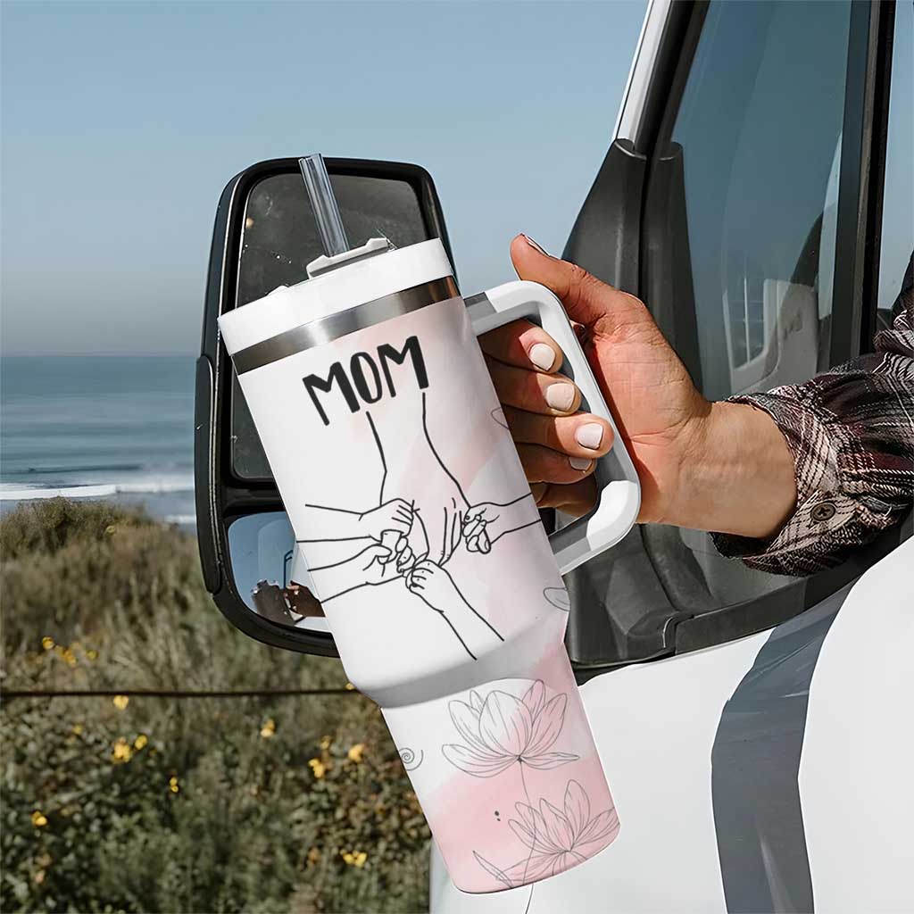 Gift for Mom of 4 Childrens Tumbler With Handle Mama Holding Hands Mothers Day Gift - Wonder Print Shop