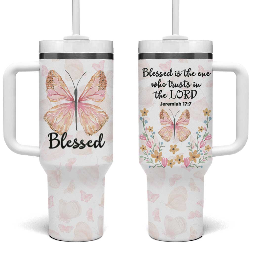 Christian Gifts for Women Faith Tumbler With Handle Blessed Inspirational Religious Bible Gift for Her Pink Butterfly - Wonder Print Shop
