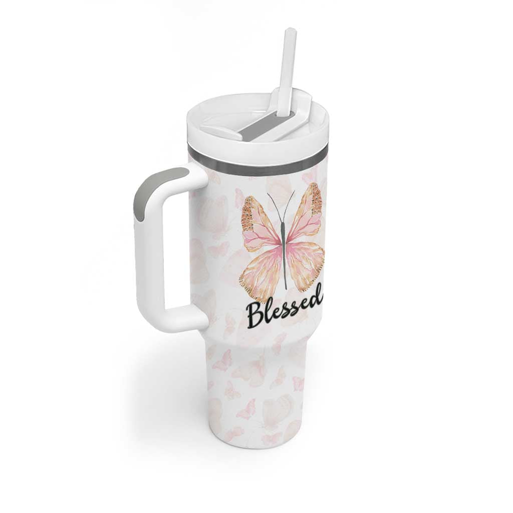 Christian Gifts for Women Faith Tumbler With Handle Blessed Inspirational Religious Bible Gift for Her Pink Butterfly - Wonder Print Shop