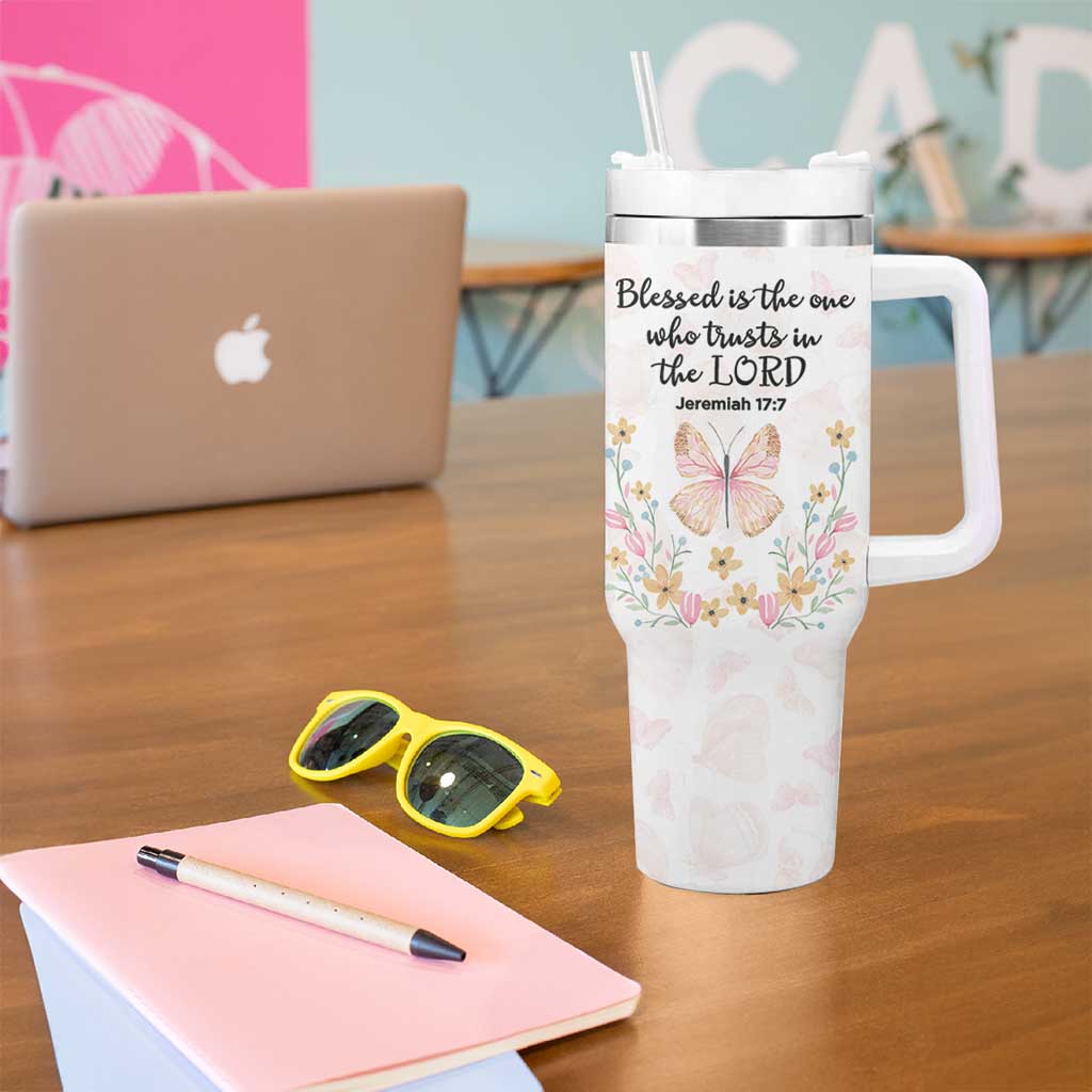 Christian Gifts for Women Faith Tumbler With Handle Blessed Inspirational Religious Bible Gift for Her Pink Butterfly - Wonder Print Shop