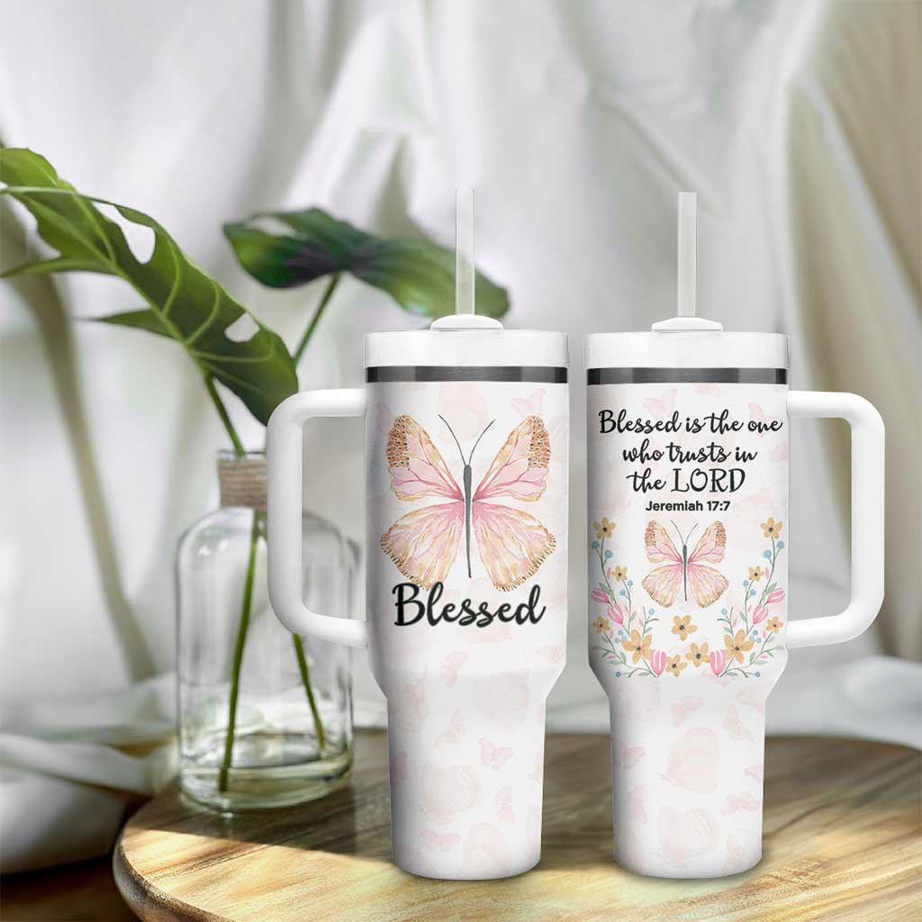 Christian Gifts for Women Faith Tumbler With Handle Blessed Inspirational Religious Bible Gift for Her Pink Butterfly - Wonder Print Shop