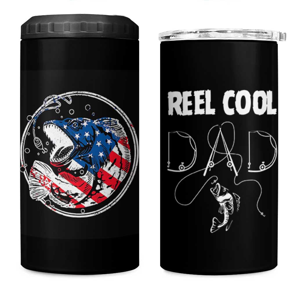 Reel Cool Dad 4 in 1 Can Cooler Tumbler Funny Father's Day Gift For Dad Fishing Lover American Flag