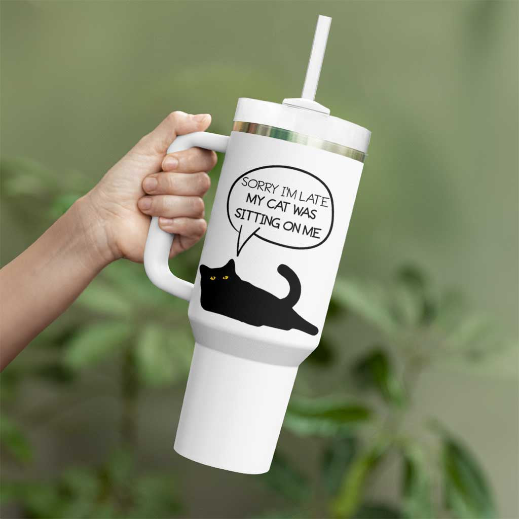 Funny Black Cat Tumbler With Handle Sorry I'm Late My Cat Was Sitting On Me Humor Saying Coffee Cup Of Kitty Owners - Wonder Print Shop