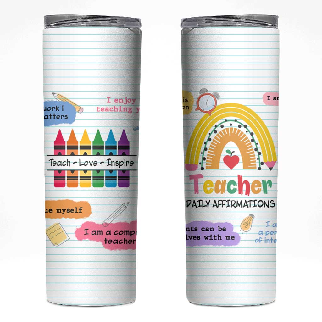 Teacher Skinny Tumbler Positive Daily Affirmations Cup, Inspirational, Sobriety, Motivational Gifts - Wonder Print Shop