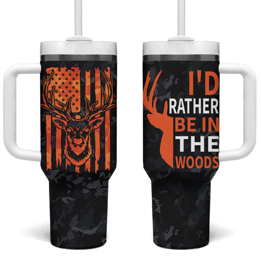 Deer Hunting Tumbler With Handle I'd Rather Be In the Woods Camo American Flag
