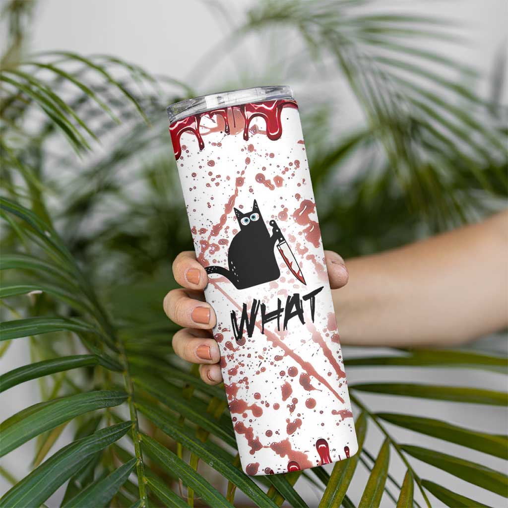 Funny Cat Lover Gifts Skinny Tumbler Halloween Murderous Cat With Knife What