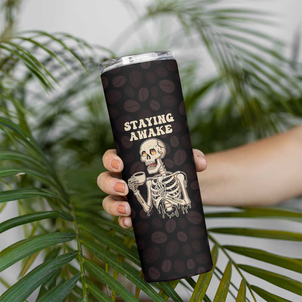 Funny Halloween Iced Coffee Skinny Tumbler Skeleton Drinking Coffee Coffee Caffeine Lover Coffee Brewer Staying Awake - Wonder Print Shop