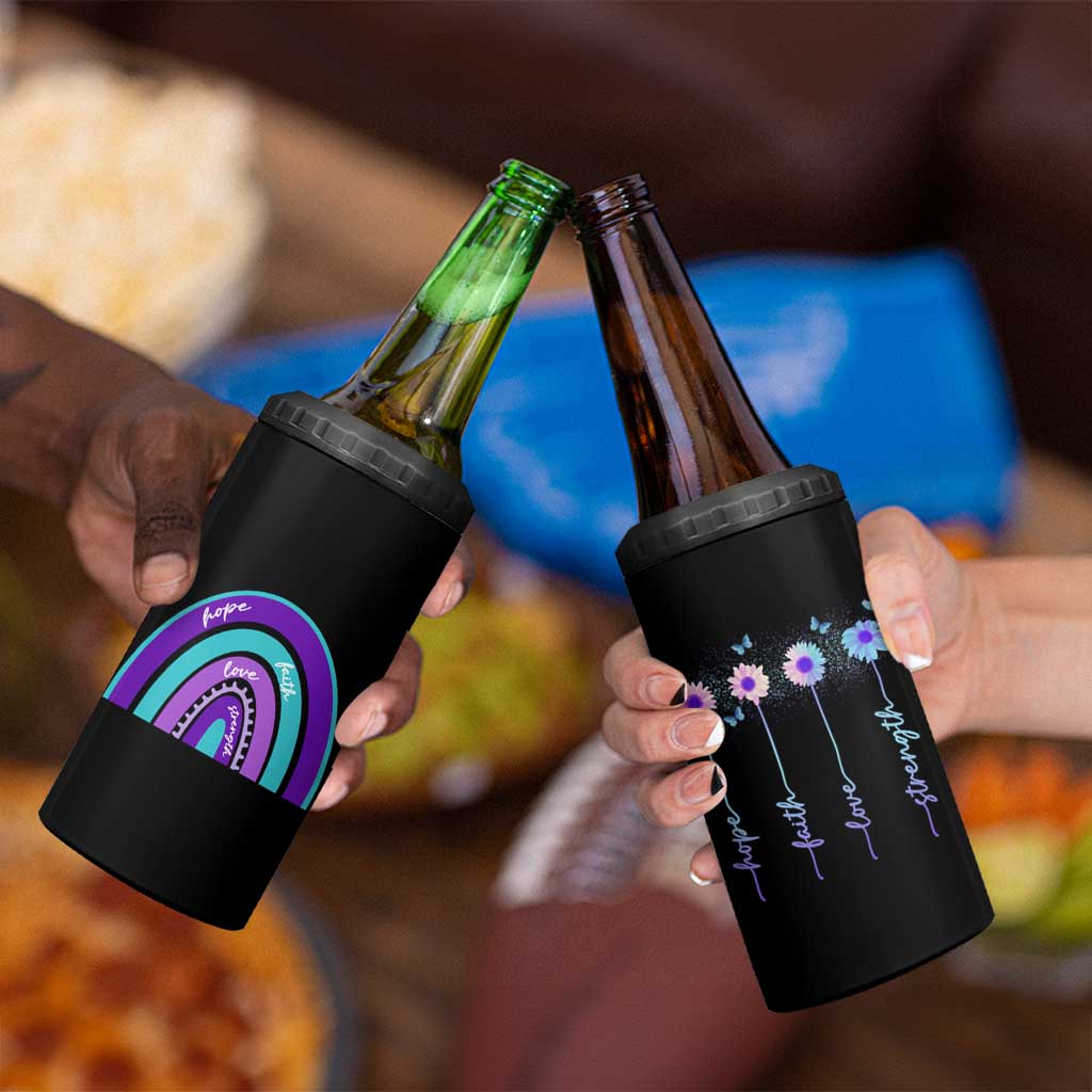 Suicide Prevention Awareness 4 in 1 Can Cooler Tumbler Hope Faith Love Strength Teal Purple Christian Sunflower - Wonder Print Shop