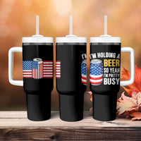 Funny Mens Drinking Tumbler With Handle I'm Holding a Beer So Yeah I'm Pretty Busy American Flag - Wonder Print Shop