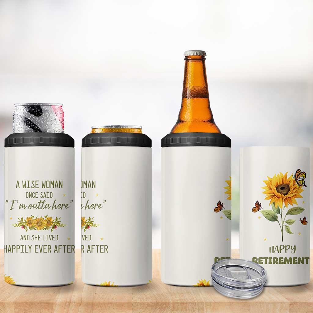 Retirement Gifts For Woman 4 in 1 Can Cooler Tumbler Coworker Leaving A Wise Woman Once Said Im Outta Here Sunflower