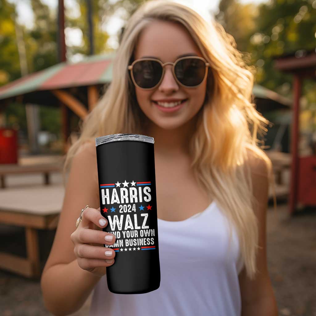 Harris Walz 2024 Election Skinny Tumbler Mind Your Own Damn Business American Flag - Wonder Print Shop
