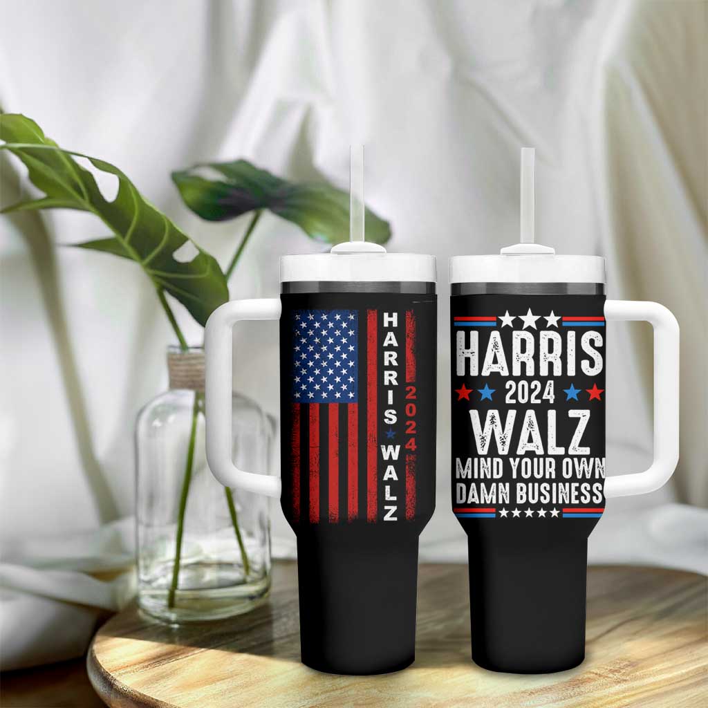 Harris Walz 2024 Election Tumbler With Handle Mind Your Own Damn Business American Flag - Wonder Print Shop
