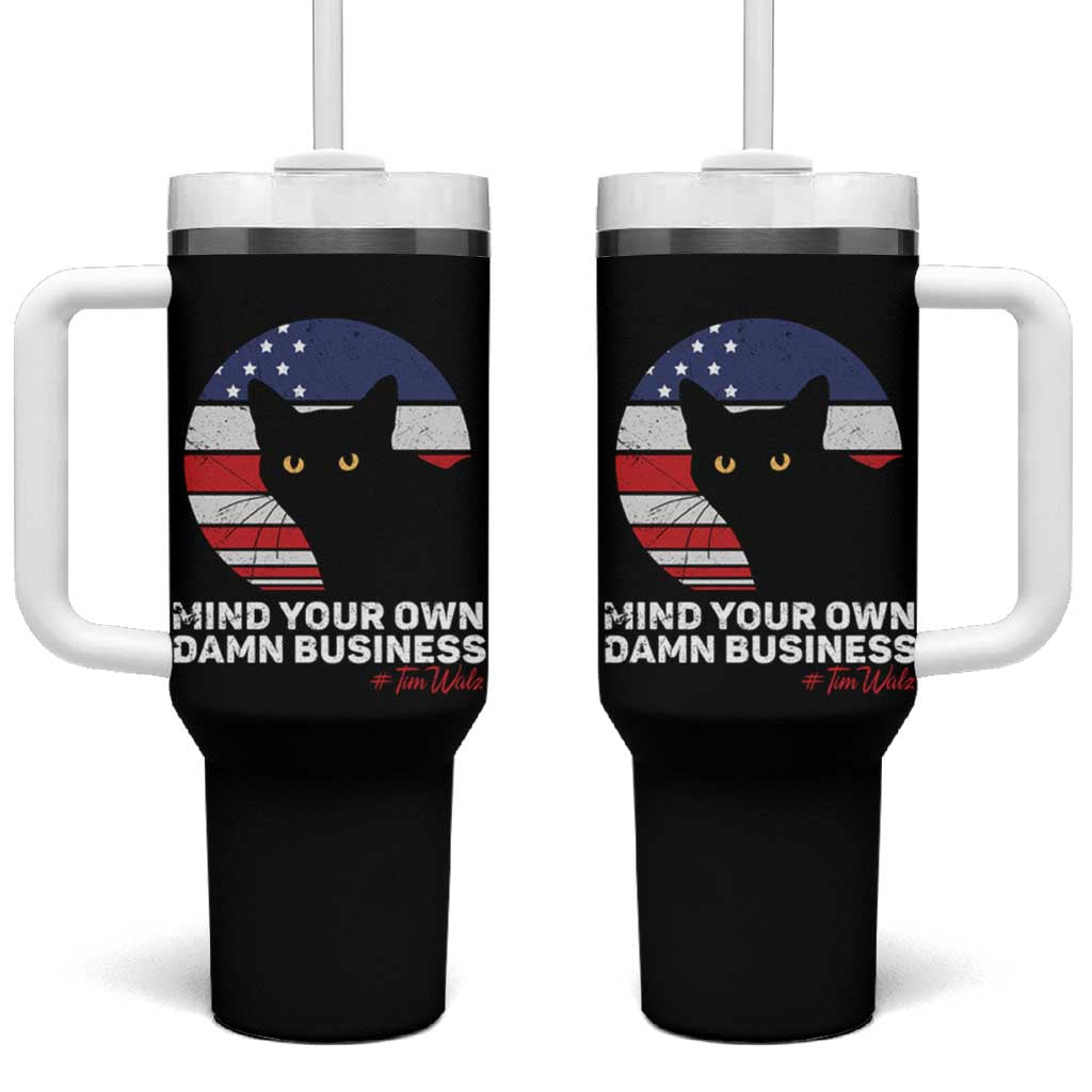 Harris Walz 2024 Election Tumbler With Handle Tim Walzt Mind Your Own Damn Business Cat Ladies Vote for Blue American Flag - Wonder Print Shop