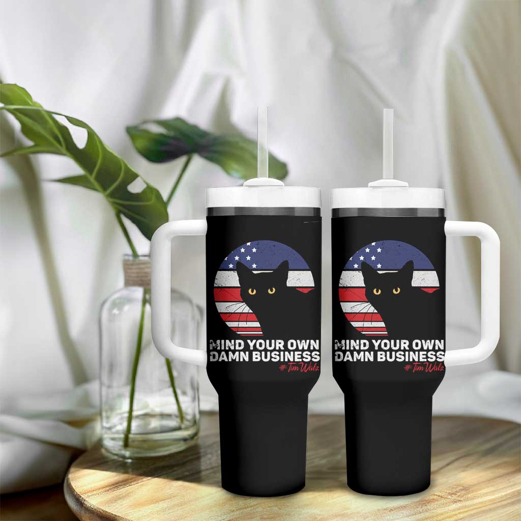 Harris Walz 2024 Election Tumbler With Handle Tim Walzt Mind Your Own Damn Business Cat Ladies Vote for Blue American Flag - Wonder Print Shop
