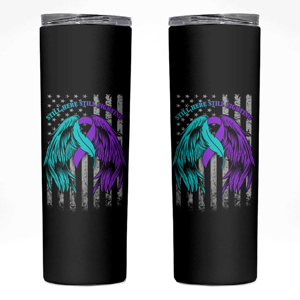 Suicide Prevention Awareness Skinny Tumbler Teal Purple Ribbon Still Here Still Fighting American Flag Therapist Psychologist - Wonder Print Shop