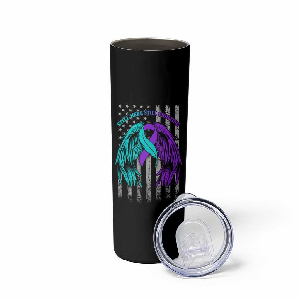 Suicide Prevention Awareness Skinny Tumbler Teal Purple Ribbon Still Here Still Fighting American Flag Therapist Psychologist - Wonder Print Shop