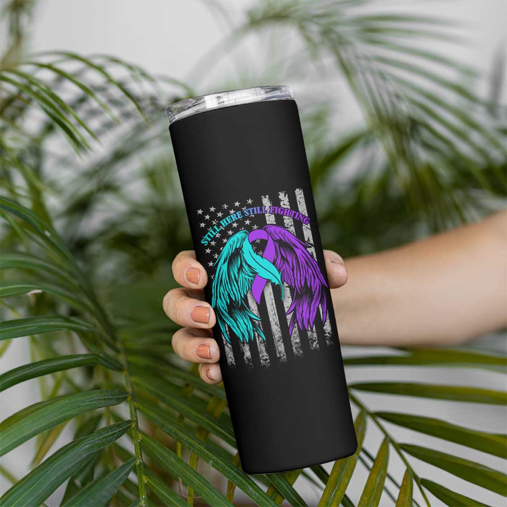Suicide Prevention Awareness Skinny Tumbler Teal Purple Ribbon Still Here Still Fighting American Flag Therapist Psychologist - Wonder Print Shop