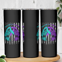 Suicide Prevention Awareness Skinny Tumbler Teal Purple Ribbon Still Here Still Fighting American Flag Therapist Psychologist - Wonder Print Shop