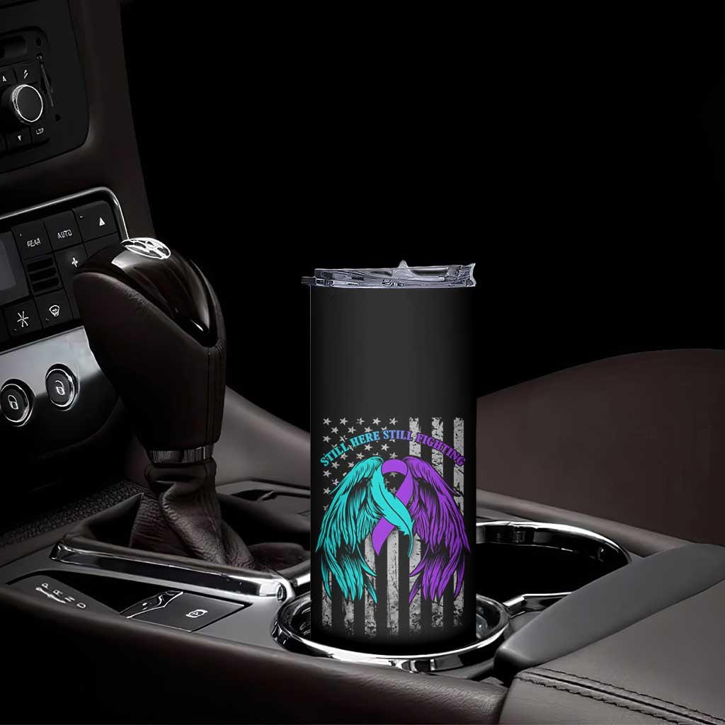 Suicide Prevention Awareness Skinny Tumbler Teal Purple Ribbon Still Here Still Fighting American Flag Therapist Psychologist - Wonder Print Shop