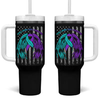 Suicide Prevention Awareness Tumbler With Handle Teal Purple Ribbon Still Here Still Fighting American Flag Therapist Psychologist - Wonder Print Shop