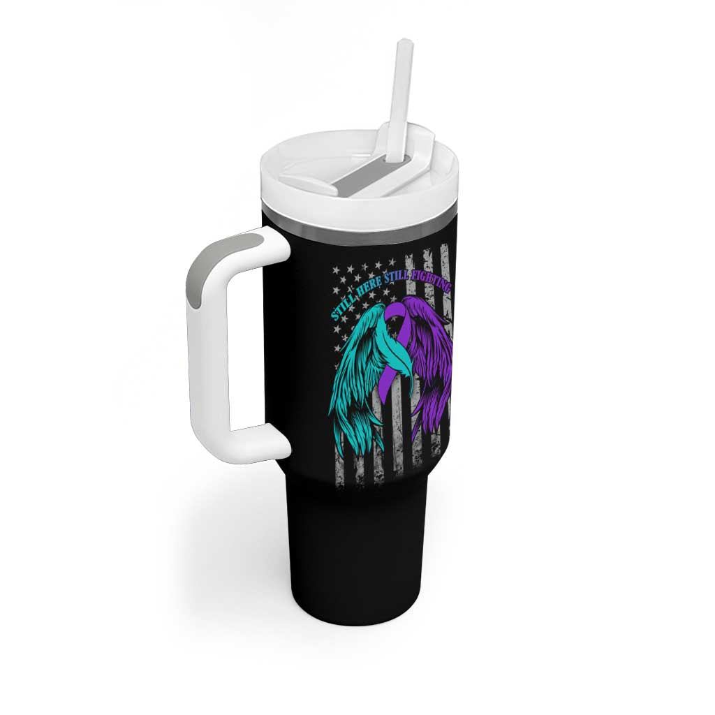 Suicide Prevention Awareness Tumbler With Handle Teal Purple Ribbon Still Here Still Fighting American Flag Therapist Psychologist - Wonder Print Shop