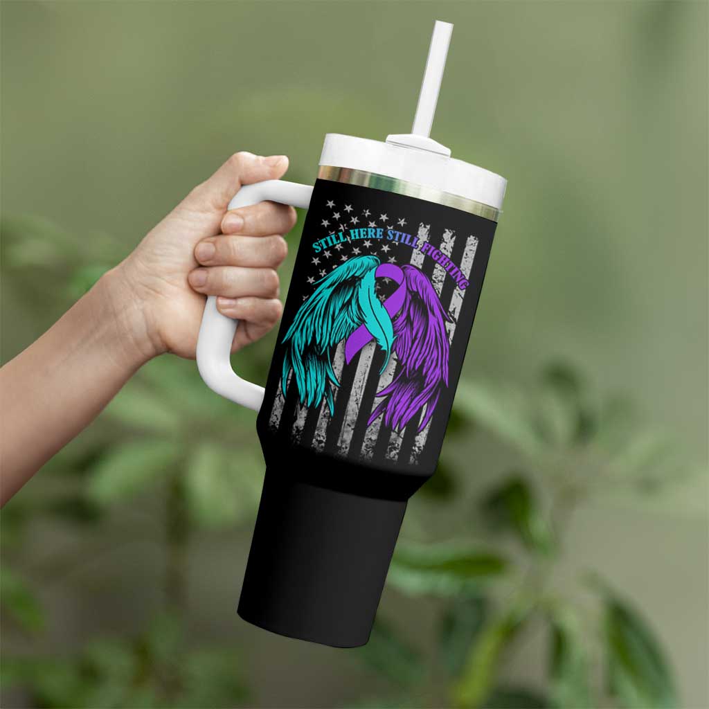 Suicide Prevention Awareness Tumbler With Handle Teal Purple Ribbon Still Here Still Fighting American Flag Therapist Psychologist - Wonder Print Shop