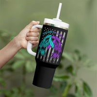 Suicide Prevention Awareness Tumbler With Handle Teal Purple Ribbon Still Here Still Fighting American Flag Therapist Psychologist - Wonder Print Shop